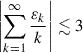 Mathematical equation: $ \left|\sum_{k = 1}^{\infty} \frac{\varepsilon_k}{k} \right| \lesssim 3 $