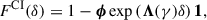 Mathematical equation: $$ \begin{aligned} F^\mathrm{{CI}}(\delta ) = 1 - \boldsymbol{\phi } \exp \left( \boldsymbol{\Lambda }(\gamma )\delta \right) \boldsymbol{1} , \end{aligned} $$
