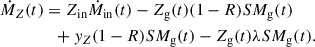 Mathematical equation: $$ \begin{aligned} \begin{aligned} \dot{M}_{Z}(t)&= Z_{\rm in}\dot{M}_{\rm in}(t)-Z_{\rm g}(t)(1-R)SM_{\rm g}(t)\\ &\quad {+}\ { y}_Z(1-R)SM_{\rm g}(t) -Z_{\rm g}(t)\lambda SM_{\rm g}(t). \end{aligned} \end{aligned} $$