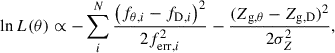 Mathematical equation: $$ \begin{aligned} \ln {L(\theta )}\propto -\sum _{i}^N\frac{\left(f_{\theta ,i}-f_{\mathrm{D},i}\right)^2}{2f_{\mathrm{err},i}^2}- \frac{(Z_{\rm g,\theta }-Z_{\rm g,D})^2}{2\sigma _{Z}^2 }, \end{aligned} $$