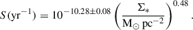 Mathematical equation: $$ \begin{aligned} S (\mathrm{yr}^{-1}) = 10^{-10.28\pm 0.08} \left( \frac{\Sigma _*}{\mathrm{M_{\odot }\,pc^{-2}}} \right)^{0.48}. \end{aligned} $$