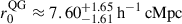 Mathematical equation: $ r_{0}^{\mathrm{QG}}\approx7.60_{-1.61}^{+1.65}\,\mathrm{h}^{-1}\,\mathrm{cMpc} $