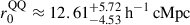 Mathematical equation: $ r_0^{\mathrm{QQ}}\approx12.61_{-4.53}^{+5.72}\,\mathrm{h}^{-1}\,\mathrm{cMpc} $