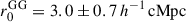 Mathematical equation: $ r_0^\mathrm{{GG}} = 3.0\pm0.7\,h^{-1}\,\rm{cMpc} $