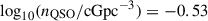Mathematical equation: $ \log_{10}(n_{\mathrm{QSO}}/\mathrm{cGpc}^{-3}) = -0.53 $