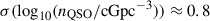 Mathematical equation: $ \sigma(\log_{10}(n_{\mathrm{QSO}}/\mathrm{cGpc}^{-3}))\approx0.8 $