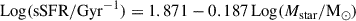 Mathematical equation: $$ \begin{aligned} { \mathrm{Log} (\mathrm{sSFR/Gyr}^{-1}) }&= 1.871 - 0.187 \, {\mathrm{Log} ({M}_{\rm star}/\mathrm{M}_\odot ) } \end{aligned} $$