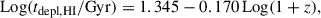 Mathematical equation: $$ \begin{aligned} \mathrm{Log} (t_{\rm depl,HI} / \mathrm {Gyr})&= 1.345 - 0.170\, \mathrm{Log} (1+z), \end{aligned} $$