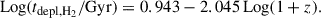 Mathematical equation: $$ \begin{aligned} \mathrm{Log} (t_{\rm depl,H_2} / \mathrm {Gyr})&= 0.943 - 2.045\, \mathrm{Log} (1+z). \end{aligned} $$