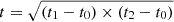 Mathematical equation: $ t=\sqrt{(t_1-t_0)\times(t_2-t_0)} $