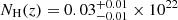 Mathematical equation: $ N_{\mathrm{H}}(z) = 0.03^{+0.01}_{-0.01}\times 10^{22} $