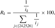 Mathematical equation: $$ \begin{aligned} R_k = \frac{\displaystyle \frac{1}{\, i_k}}{\displaystyle \sum _{j \in \{24,25,26\}} \frac{1}{\, i_j}} \times 100, \end{aligned} $$