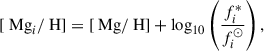 Mathematical equation: $$ \begin{aligned}{[\text{ Mg}_i/\text{ H}]} = {[\text{ Mg}/\text{ H}]} + \log _{10}\left( \frac{f_i^{*}}{f_i^{\odot }} \right), \end{aligned} $$