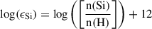 Mathematical equation: $ \mathrm{log}(\epsilon_\mathrm{{Si}}) = \log\left(\left[\frac{{\mathrm n(\mathrm{Si})}}{{\mathrm n(\mathrm H)}}\right]\right) + 12 $