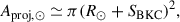 Mathematical equation: $$ \begin{aligned} A_{\rm proj,\odot } \simeq \pi (R_\odot + S_{\rm BKC})^{2}, \end{aligned} $$