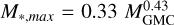 Mathematical equation: $M_{*,max} = 0.33~ M_{\rm GMC}^{0.43}$
