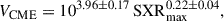 Mathematical equation: $$ \begin{aligned} V_{\mathrm{CME} } = 10^{3.96 \pm 0.17}\,\mathrm{SXR} _{\mathrm{max} }^{0.22 \pm 0.04}, \end{aligned} $$
