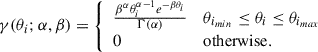 Mathematical equation: $$ \begin{aligned} \gamma (\theta _i;\alpha ,\beta ) ={\left\{ \begin{array}{ll} \frac{\beta ^\alpha \theta _i^{\alpha -1}e^{-\beta \theta _i}}{\Gamma (\alpha )}&\theta _{i_{ min }} \le \theta _i\le \theta _{i_{ max }} \\ 0&\mathrm{otherwise} . \end{array}\right.} \end{aligned} $$
