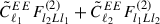 Mathematical equation: $ \tilde{C}_{\ell_1}^{EE}F^{(2)}_{l_2Ll_1} + \tilde{C}_{\ell_2}^{EE}F^{(2)}_{l_1Ll_2} $