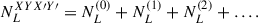 Mathematical equation: $$ \begin{aligned} N_{L}^{XYX\prime Y\prime } = N_{L}^{(0)} + N_{L}^{(1)} + N_{L}^{(2)} + \dots .\end{aligned} $$