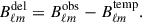 Mathematical equation: $$ \begin{aligned} B^\mathrm{del}_{\ell m} = B^\mathrm{obs}_{\ell m} - B^\mathrm{temp}_{\ell m} .\end{aligned} $$
