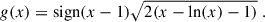 Mathematical equation: $$ \begin{aligned} g(x) = \mathrm{sign}(x-1) \sqrt{2(x-\ln (x)-1)}\ . \end{aligned} $$