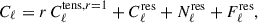 Mathematical equation: $$ \begin{aligned} C_\ell = r\,C_\ell ^{\mathrm{tens},r = 1} + C_\ell ^\mathrm{res} + N^\mathrm{res}_\ell + F^\mathrm{res}_\ell , \end{aligned} $$
