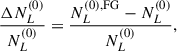 Mathematical equation: $$ \begin{aligned} \frac{\Delta N_{L}^{(0)}}{N^{(0)}_{L}} = \frac{N^{(0), \mathrm{FG}}_{L} - N_{L}^{(0)}}{N_{L}^{(0)}}, \end{aligned} $$