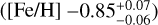 Mathematical equation: $\left( {\left[ {{\rm{Fe}}/{\rm{H}}} \right] = - 0.85_{ - 0.06}^{ + 0.07}} \right)$