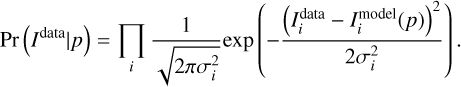 Mathematical equation: $\Pr \left( {{I^{{\rm{data}}}}\mid p} \right) = \prod\limits_i {{1 \over {\sqrt {2\pi \sigma _i^2} }}} \exp \left( { - {{{{\left( {I_i^{{\rm{data}}} - I_i^{{\rm{model}}}(p)} \right)}^2}} \over {2\sigma _i^2}}} \right).$