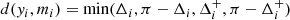 Mathematical equation: $$ \begin{aligned}&d(y_i, m_i) = \mathrm{min}(\Delta _i, \pi -\Delta _i, \Delta _i^+, \pi -\Delta _i^+) \end{aligned} $$