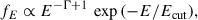 Mathematical equation: $$ \begin{aligned} f_{E} \propto E^{-\Gamma +1}\, \exp {(-E/E_{\rm cut})}, \end{aligned} $$