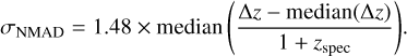 Mathematical equation: $\sigma_{\text{NMAD}} = 1.48 \times \text{median} \left(\frac{\Delta z - \text{median}(\Delta z)}{1 + z_{\text{spec}}} \right)\!.$