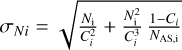 Mathematical equation: ${\sigma _{Ni}} = \sqrt {{{{N_i}} \over {C_i^2}} + {{N_i^2} \over {C_i^2}}{{1 - {C_i}} \over {{N_{AS,i}}}}} $