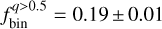 Mathematical equation: $f_{{\rm{bin}}}^{q > 0.5} = 0.19 \pm 0.01$