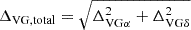 Mathematical equation: $ \Delta_{\mathrm{VG,total}}=\sqrt{\Delta_{\mathrm{VG\alpha}}^{2}+\Delta_{\mathrm{VG\delta}}^{2}} $