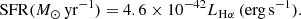 Mathematical equation: $$ \begin{aligned} \mathrm{SFR}(M_{\odot }\,\mathrm{yr}^{-1}) = 4.6 \times 10^{-42} L_{\rm H\alpha }\,\mathrm{(erg\,s^{-1})}. \end{aligned} $$