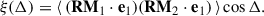 Mathematical equation: $$ \begin{aligned} \xi (\Delta ) = \langle \, (\mathbf{RM }_1 \cdot \mathbf{e }_1) (\mathbf{RM }_2 \cdot \mathbf{e }_1) \, \rangle \cos \Delta . \end{aligned} $$