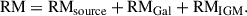 Mathematical equation: $$ \begin{aligned} \mathrm{RM} = \mathrm{RM}_{\rm source} + \mathrm{RM}_{\rm Gal} + \mathrm{RM}_{\rm IGM}. \end{aligned} $$