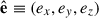 Mathematical equation: $ \hat{\mathbf{e}} \equiv (e_x, e_y, e_z) $