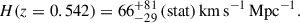 Mathematical equation: $$ \begin{aligned} H(z = 0.542) = 66_{-29}^{+81}\,\mathrm{{(stat)}}\,\mathrm{{km\,s}}^{-1}\,\mathrm{Mpc}^{-1}. \end{aligned} $$