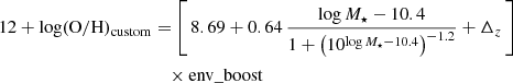 Mathematical equation: $$ \begin{aligned} 12 + \log (\mathrm{O/H} )_{\rm custom}&= \left[\,8.69 + 0.64\, \frac{\log M_\star - 10.4}{1 + \left(10^{\log M_\star - 10.4}\right)^{-1.2}} + \Delta _z\,\right] \nonumber \\&\quad \times \mathrm {env\_boost} \end{aligned} $$