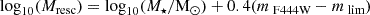 Mathematical equation: $$ \begin{aligned} \log _{10}(M_{\text{resc}}) = \log _{10}(M_\star /\mathrm{M}_{\odot }) + 0.4(m_{\text{ F444W}} - m_{\text{ lim}}) \end{aligned} $$
