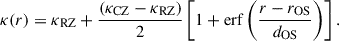 Mathematical equation: $$ \begin{aligned} \kappa (r) = \kappa _{\rm RZ} + \frac{(\kappa _{\rm CZ}-\kappa _{\rm RZ})}{2}\left[1+ \mathrm{erf} \left(\frac{r-r_{\rm OS}}{d_{\rm OS}}\right)\right]. \end{aligned} $$