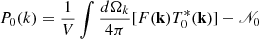 Mathematical equation: $$ \begin{aligned} P_0(k) = \frac{1}{V} \int \frac{d\Omega _k}{4\pi }[F(\mathbf{k}) T_0^*(\mathbf{k}) ]-\fancyscript {N}_0 \end{aligned} $$