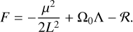 Mathematical equation: $\[F=-\frac{\mu^2}{2 L^2}+\Omega_0 \Lambda-\mathcal{R}.\]$
