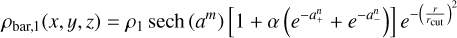 Mathematical equation: $\[\rho_{\mathrm{bar}, 1}(x, y, z)=\rho_1 \operatorname{sech}\left(a^m\right)\left[1+\alpha\left(e^{-a_{+}^n}+e^{-a_{-}^n}\right)\right] e^{-\left(\frac{r}{r_{\mathrm{cut}}}\right)^2}\]$