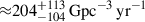 Mathematical equation: $ {\approx}204_{-104}^{+113}\,\mathrm{Gpc^{-3}\,yr^{-1}} $