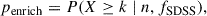 Mathematical equation: $$ \begin{aligned} p_{\rm enrich} = P(X \ge k \mid n, f_{\rm SDSS}), \end{aligned} $$