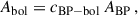 Mathematical equation: $$ \begin{aligned} A_{\rm bol} = c_{\rm BP-bol}\, A_{\rm BP}\, , \end{aligned} $$